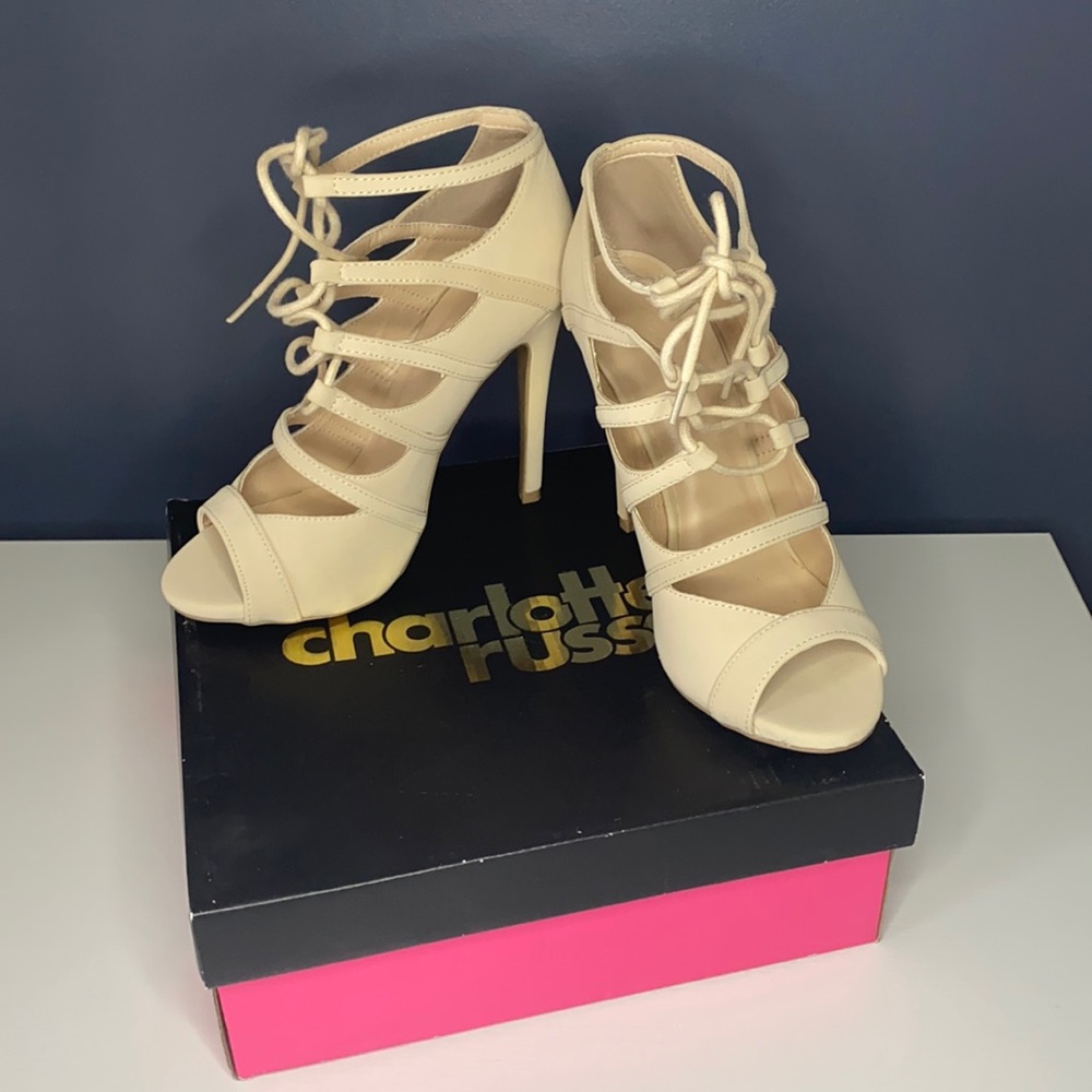 Nude lace up peep toe heels